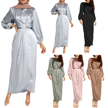 2021 Ženy Arabských Moslimských Satin Lístkového Dlhý Rukáv Maxi Šaty Farbou Zábal Predné Self-Tie Abaya Dubaj Turecko Hidžáb Oblečenie Kaftan