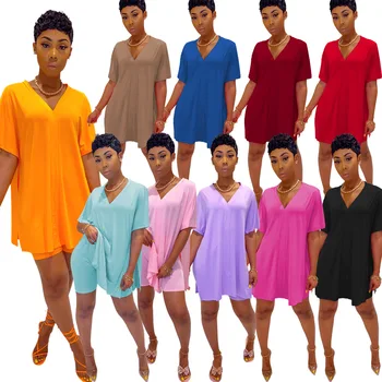 2021 Lete Bežné Ženy Oblečenie Kvality Kus Dvoch Sád Krátke Rukávy Salónik Nosenie V Krku 2 Kus Šortky a Tričko Nastaviť