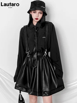 Lautaro Čierne Mäkké Svetlo Pu Kožené Mini Podväzkové Sukne Ženy Tmavé Akademickej Obce Estetické Vintage Oblečenie Kórejský Módne Oblečenie