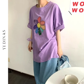 Yedinas Slnečnice Print T Shirt Ženy Lete Japonský Štýl T-shirt Ženská Estetika Topy Nadrozmerné Streetwear Tee Tričko Bavlna