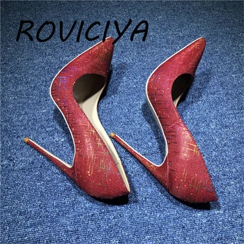 Červené lesklé jar čerpadlá ukázal prst 12 cm vysoké podpätky dámy plytké dámske topánky strana večer nočný klub BM010 ROVICIYA