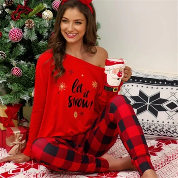 JÚL JE PIESEŇ Vianoce Pajama Set 2 kusov Ženy Koberčeky Prúžok Písmená Tlačené Bežné oblečenie pre voľný čas Vzor Plus Veľkosť Zimné Sleepwear