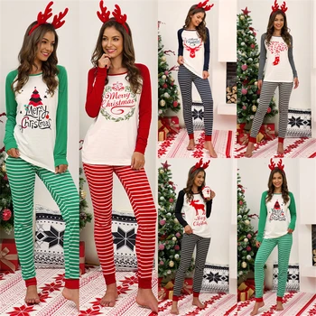 JÚL JE PIESEŇ Vianoce Pajama Set 2 kusov Ženy Koberčeky Prúžok Písmená Tlačené Bežné oblečenie pre voľný čas Vzor Plus Veľkosť Zimné Sleepwear