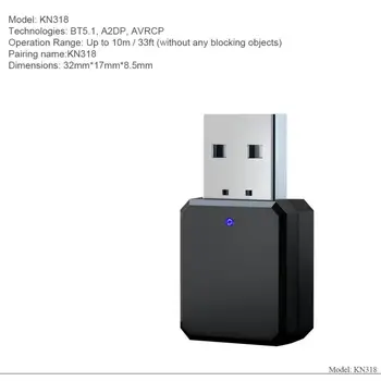 KN318 Bluetooth 5.1 Audio Prijímač, Duálny Výstup AUX, USB Stereo Auto Hands-free Hovoru Bezdrôtový Adaptér Video Audio Prijímač, Adaptér