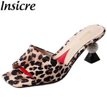 Insicre Veľkosť 34-40 Sexy Leopard Sandále Populárne Námestí Otvorené Prst Špeciálne Tvarované Vysoké Podpätky Ženy Crystal Papuče Strany Topánky