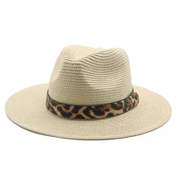 Slamené klobúky muži ženy leopard kapela bežné vintage pevné slnko čiapky letné jar biela khaki čierna pláž cestovné ochrany proti slnku (klobúky