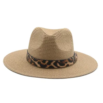 Slamené klobúky muži ženy leopard kapela bežné vintage pevné slnko čiapky letné jar biela khaki čierna pláž cestovné ochrany proti slnku (klobúky