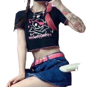 Ženské Grafické Goth Krátky Rukáv Harajuku Tmavé Cartoon Pupok Vystavení T-Shirts Kawaii Plodín Víla Grunge Alternatívne Top Košele