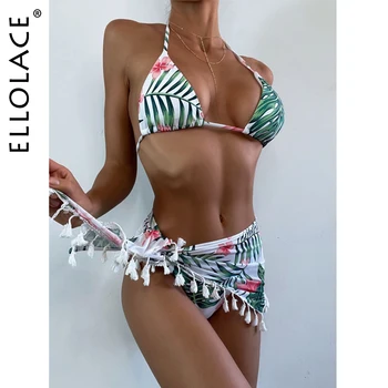 Ellolace Kvetinový Tlač Ženy Plavky 3 Kus Nastaviť Obleky S Sukne, Plavky S Uväzovaním Za Ženy Sexy Micro Bikini Letné Plážové Oblečenie