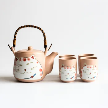 Sada Ružová Keramický Hrniec Čaju Cute Cat Čaj Pohár Vody Pohár Maneki Neko Dizajn Porcelánová Kanvica Teaware Set (4 šálky+1 kanvicu)