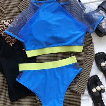 Sexy Vysoký Pás Bikini 2021 Ženy Krátky Rukáv Oka Neon Patchwork Push Up Plavky S Vypchávkami Kúpajúcich Plavky Plavky
