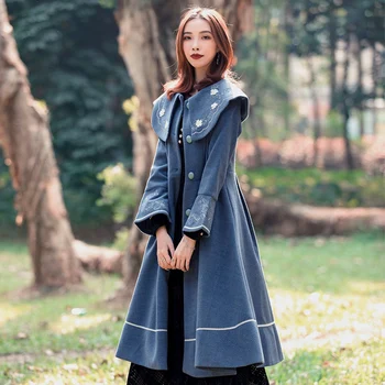 Jeseň zima vintage vyšívané vlnené kabát ženy slim singel svojim plášť vlna zmesi kabát WY258