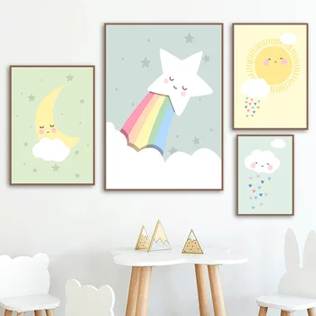 Slnko, Mesiac, Hviezdy Tmavé Mraky Rainbow Plátno, maľovanie na Detské Škôlky Karikatúry Múr Umenia Plagátu a Tlač Maľovanie Nordic Chlapec, Izba Deco