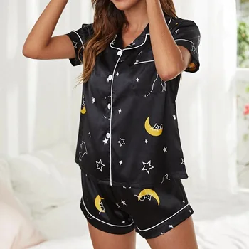 FallSweet Hodvábny Satén Pyžamá pre Ženy Krátke Rukávy Sleepwear Klope Pyžamo Femme Sexy Odev S až XXL 2021 Módy Nové