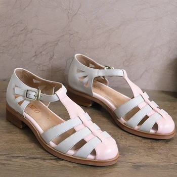 Yinzo Ženy Letné Sandále Vintage Pravá Koža Ružová Ploché Gladiator Ručné Oxfords Sandále Pre Ženy Topánky 2021