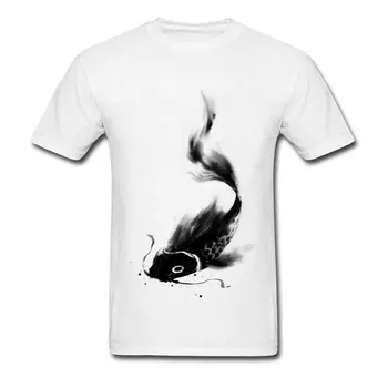 Koi Ryby Atrament Kreslenie, T Košele Akvarel Bohémsky Dizajnéri Basy Ryby, 3D Tričká Bavlna Muž Top T-shirts Rybka Biela