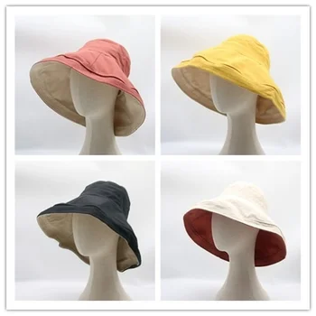 Vedierko klobúky ženy veľký okraj 15 cm pevné dvojité bočné skladacia slnečná klobúky bavlna žltá čierna biela vonkajšie ochranu pred slnkom letné klobúky
