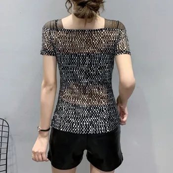 Letné kórejské Oblečenie T-Shirt Dievča Módy Sexy Prikryť Patchwork Oka Lesklé Diamanty Ženy Topy Krátky Rukáv Tees 2021 T14207A
