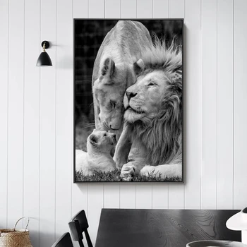 Africké Levy Rodiny Čiernej A Bielej Zvierat Lev Plátno na Maľovanie Cuadros Múr Umenia pre Obývacia Izba Domova (Bez Rámu)