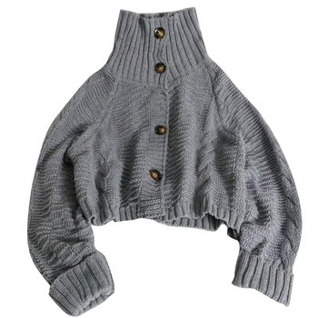 2021 nové Turtleneck vintage cardigan dlhým rukávom sveter kabát žien jeseň voľné pletené krátke wild svetre vesty trend