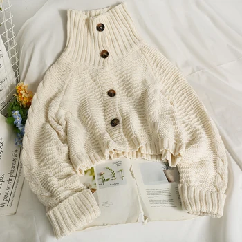 2021 nové Turtleneck vintage cardigan dlhým rukávom sveter kabát žien jeseň voľné pletené krátke wild svetre vesty trend