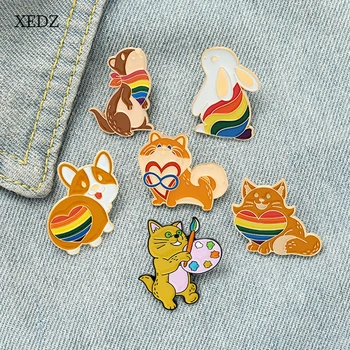 XEDZ Cartoon Rainbow Rabbit/Veverička/Pes/Líška/Cat Maľovanie Smalt Brošňa Módne Roztomilé Zviera Lásky Fúzy motýlik Odznak Šperky Gif