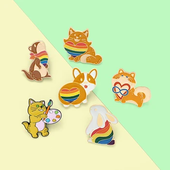 XEDZ Cartoon Rainbow Rabbit/Veverička/Pes/Líška/Cat Maľovanie Smalt Brošňa Módne Roztomilé Zviera Lásky Fúzy motýlik Odznak Šperky Gif