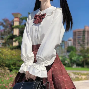 Japonský Biele Tričko Ženy Lolita Vnútorné Tričko Jk Jednotné Dlhým Rukávom Košele Top Jar Jeseň Prehrabať Bábika Golier College, Blúzky