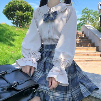 Japonský Biele Tričko Ženy Lolita Vnútorné Tričko Jk Jednotné Dlhým Rukávom Košele Top Jar Jeseň Prehrabať Bábika Golier College, Blúzky