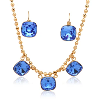 Jemná Dizajn CZ Gold Tón Náušnice pednant Náhrdelník Módne Šperky Sady modrým zirkónom Crystal JSS593