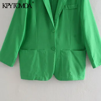 KPYTOMOA Ženy 2021 Módne Voľné Kovanie Zelená Bielizeň Sako Kabát Vintage Dlhý Rukáv Vrecká Žena vrchné oblečenie Elegantné Veste Femme