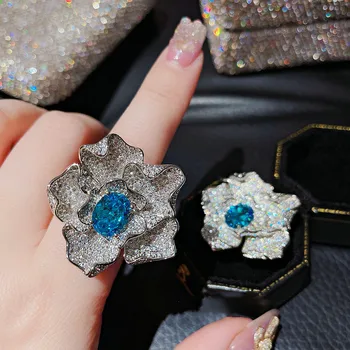 925 Strieborný Prsteň pre Ženy, Luxusné Blue Topaz Elegantný Kvetinové Svadobné Party Krúžky Dievčatá Svadobné Zapojenie Trendy, Ženské Šperky