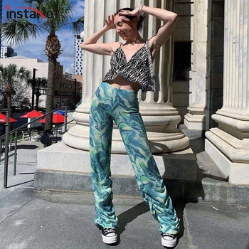 InstaHot tie Dye hromadiť Nohavice Ženy Bežné Jogger Streetwear Vytlačené na Jar Vysoký Pás Módne 2021 Pantalones Y2K Sexy Nohavice