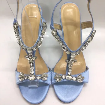 2021 Luxusné Saténové Sandále Ženy, Otvorené Prst Drahokamu Diamond T-popruh Vysoké Podpätky, Topánky Ženu Sexy Svadobné Topánky
