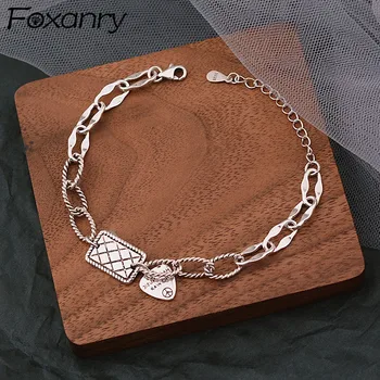 Foxanry 925 Sterling Silver Chain Brcacelet pre Ženy, Nový Módny Vintage Punk anglický List Tag Prívesok Strany Šperky, Darčeky