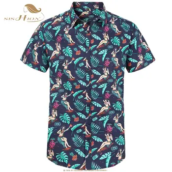 SISHION 20201 Bavlna Havajské Košele MS0006 Krátky Rukáv, Tmavo Modrá Krásy Palm Tlačiť Bežné Pláži Letné Tričko Mužov Plus Veľkosť