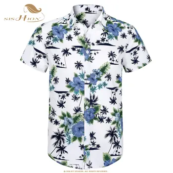 SISHION 20201 Bavlna Havajské Košele MS0006 Krátky Rukáv, Tmavo Modrá Krásy Palm Tlačiť Bežné Pláži Letné Tričko Mužov Plus Veľkosť