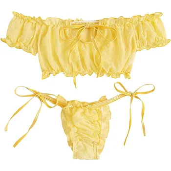 Boho 2KS Letné Vypnutie Ramenný Čipky Bikini Set Ženy Bežné Krátky Rukáv, Plavky, plážové oblečenie plavky Sexi spodné Prádlo