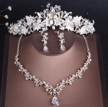Barokový Vintage Gold Crystal Leaf Pearl Bižutérie Sady Drahokamu Choker Náhrdelníky Náušnice Tiara Koruny Svadobné Šperky Set