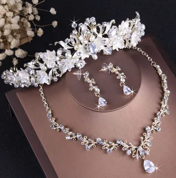 Barokový Vintage Gold Crystal Leaf Pearl Bižutérie Sady Drahokamu Choker Náhrdelníky Náušnice Tiara Koruny Svadobné Šperky Set