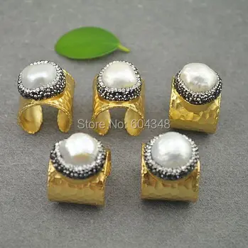 5 ks Exkluzívne! Prírodné Sladkovodné perleť Prstene, Zlaté elektrolyticky pokrývajú Široké Pásmo Crystal Spevnené Pearl Krúžok Šperky