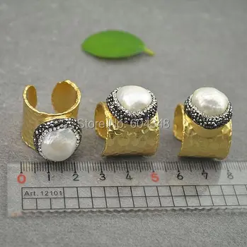 5 ks Exkluzívne! Prírodné Sladkovodné perleť Prstene, Zlaté elektrolyticky pokrývajú Široké Pásmo Crystal Spevnené Pearl Krúžok Šperky
