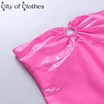 2021 Módne Faux Kožené Rukavice Letné Ružové Kruhu Trubice Mini Šaty Pre Ženy Mimo Ramenný Backless Strany Klubu Sexy Vestidos