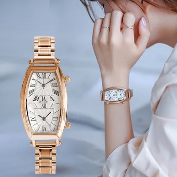 2019 Módne Guou Top Značky Ženy Hodinky Luxusné Lady Hodinky z Nerezovej ocele motýľ pracky vákuové pokovovanie dvojité zobrazenie času