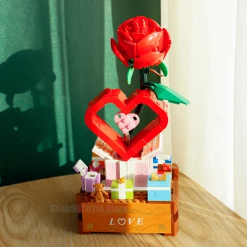 Tvorca Ruže Kvet Kytice S Music Box Romantický Stavebné Kamene, Tehly Hračky Pre Matku Valentines Day Priateľku, Darček