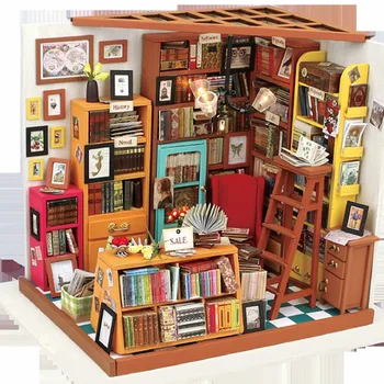 DIY Drevený domček pre bábiky Súpravy Book Store Miniatúrny domček pre bábiky s Nábytkom, Ručne vyrábané Doll House Budovy Model Darček Najlepšie Zbierku