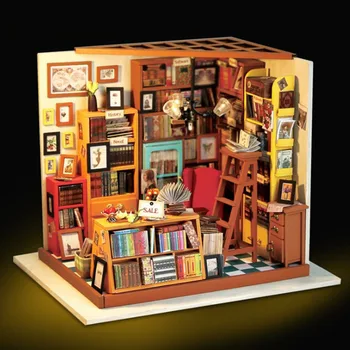 DIY Drevený domček pre bábiky Súpravy Book Store Miniatúrny domček pre bábiky s Nábytkom, Ručne vyrábané Doll House Budovy Model Darček Najlepšie Zbierku