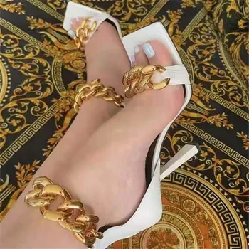Letné Čerpadlá 2021 Fashion Reťazca Sandále, Topánky Ženy Tenké Vysoké Podpätky Pošmyknúť Na Štvorcové Prst Listov Sandál Lady Čerpadla Topánky Tkaných