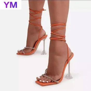 PVC Priehľadné Kríž Ženy Jasné, Crystal Tenké Vysokým Podpätkom Bodce Sexy Čipkou 2021 Letné Sandále, Topánky Otvorené Prst Dámske Topánky