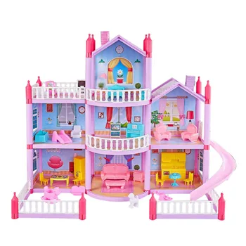 Princezná Veľké Villa DIY Dollhouses Ružový Hrad) Play Dom So šmýkačkou Dvore Auta Zmontované Doll House Hračky Pre Dievčatá, Deti Darčeky